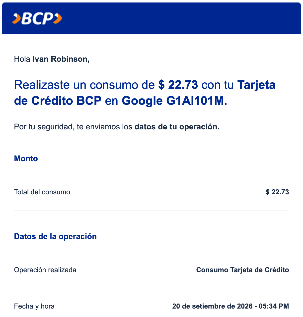 Email from BCP: you made a purchase of $22.73 with your BCP credit card at Google, with the amount, the type of operation and the date