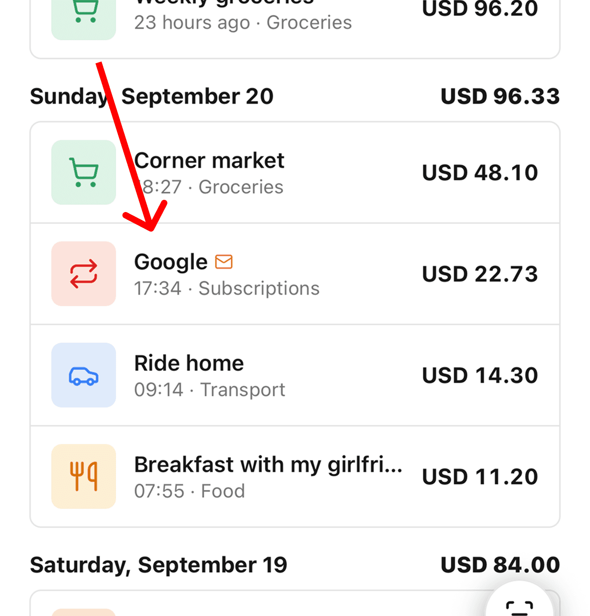 Bolsaro's expense list for Sunday, September 20, with an arrow pointing at the Google expense: USD 22.73 at 17:34, in Subscriptions, with a small envelope icon